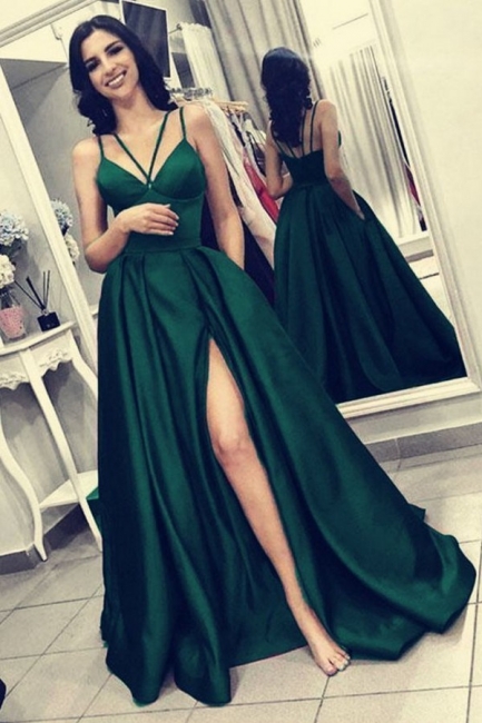 Spaghetti Straps A-line Floor-length Prom Dress With Side Split Pockets