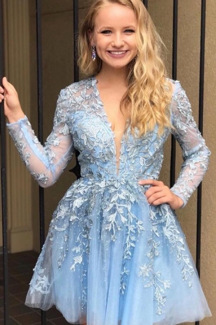 Pretty Long Sleeves Deep V-neck Appliques Lace Short A-Line Prom Dress