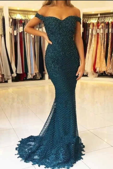 Charming Off-the-shoulder Mermaid Evening Gown With Lace Appliques Pearl