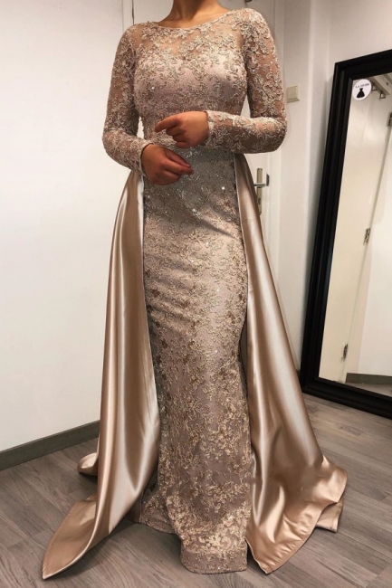 Glamorous Bateau Long Sleeves Appliques Lace Mermaid Prom Dress With Detachable Train