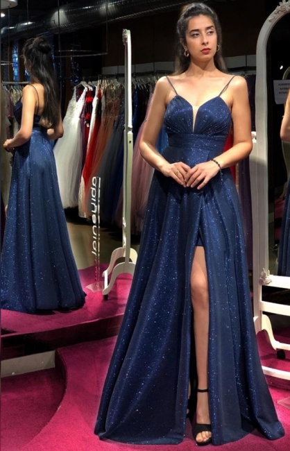 Shiny Sequins Spaghetti Straps A-line Floor-length Prom Dress With Side Slit