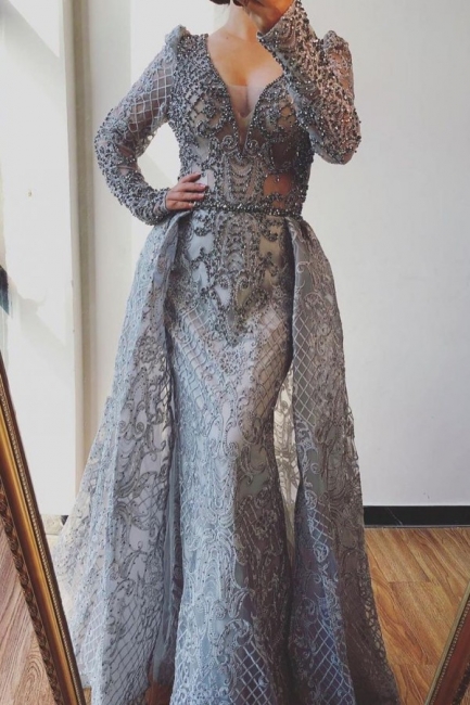 Gorgeous Long Sleeves Pearl Appliques Lace Mermaid Prom Dress With Detachable Train
