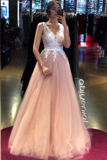 Stylish V-neck A-line Tulle Evening Dress Floor Length Backless Prom Dress