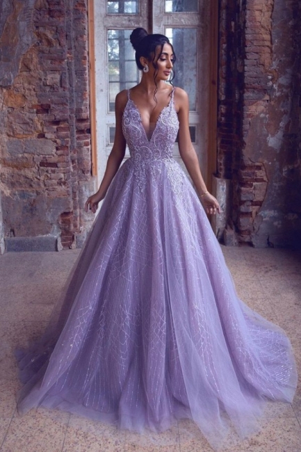 Elegant V-neck Spaghetti Straps A-line Evening Gown Floor-length Tulle Prom Dress