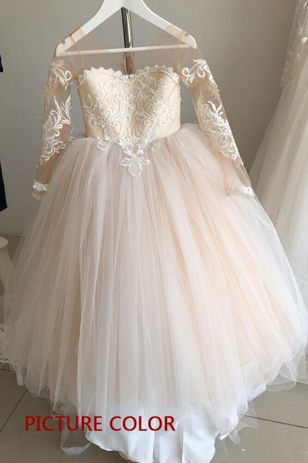 Cute A-Line Long Sleeve Appliques Lace Tulle Train Flower Girl Dress With Bowknot