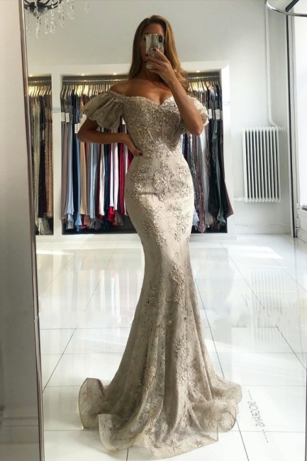 Stunning Off-the-shoulder Puffy Sleeves Lace Appliques Mermaid Prom Dress