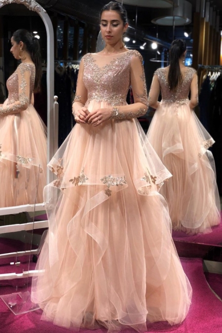 Stunning Bateau A-line Sequins Long Sleeves Prom Dress With Tulle Ruffles