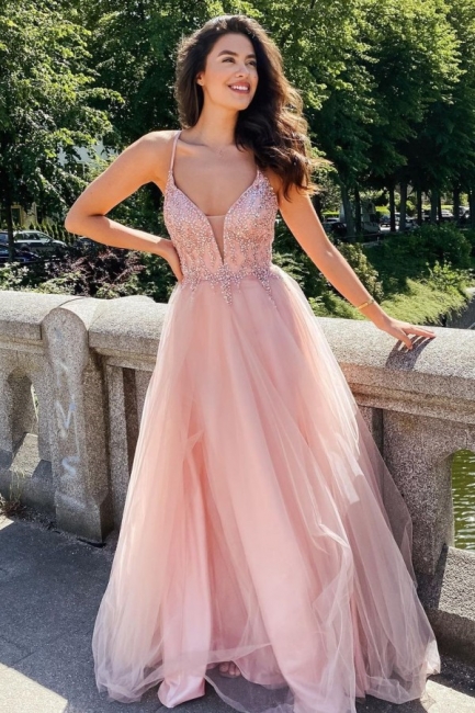 Elegant Spaghetti Straps Deep V-neck Tulle Lace A-Line Beading Evening Dress