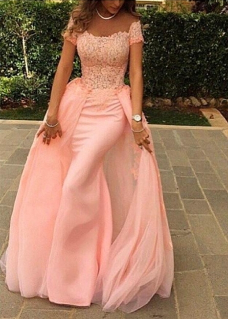 Pink Lace Short Sleeves Prom Dresses Off Shoulder with Removable Overskirt Evening Gowns
