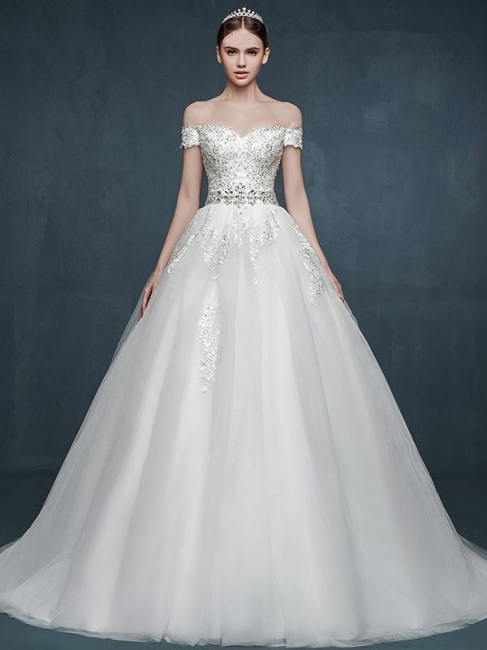 A Line Off the Shoulder Crystals Appliques Tulle Ivory Wedding Dresses Lace Up Back