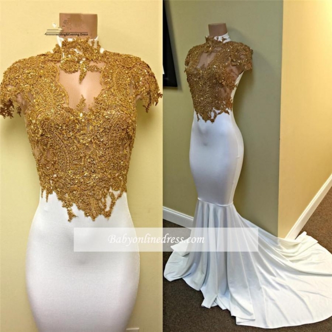 Gorgeous Mermaid Cap-Sleeve White Gold-Appliques Prom Dress