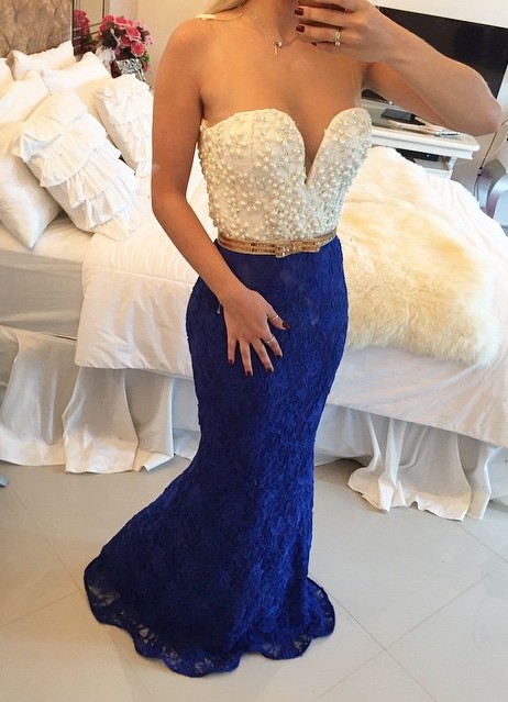 Pearls Top Lace Mermaid Prom Dresses White and Royal Blue Long Formal Evening Gowns