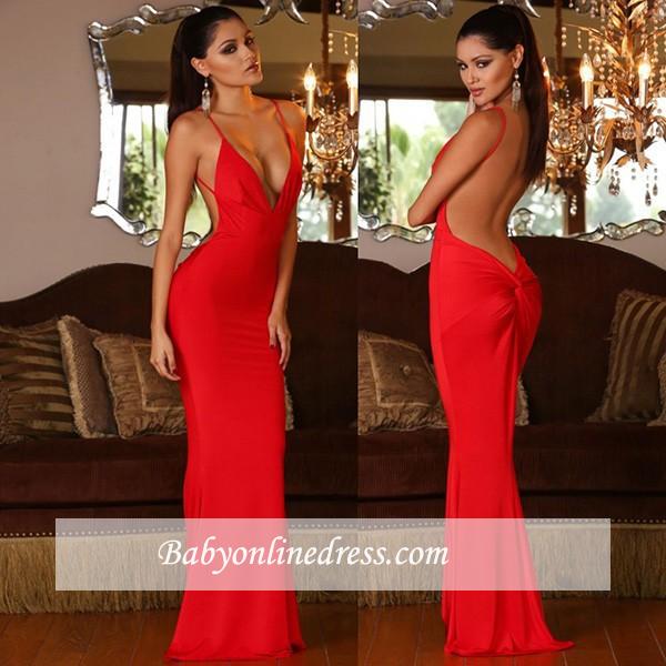 Red V-neck Open-Back Mermaid Prom Dress Sexy Sleeveless Evening Gowns