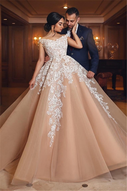 Gorgeous Champagne Off-the-shoulder Ball Gown Wedding Dresses