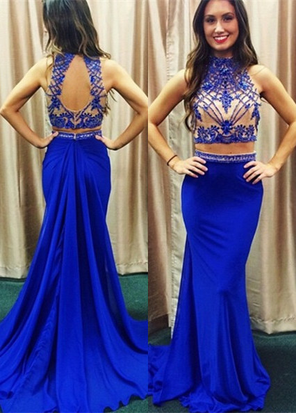 New Arrival Mermaid Lace Evening Gowns High-Neck Two-piece Zipper Prom Dress