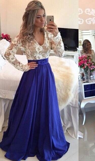 Lace Long Sleeves Prom Dresses V Neck Sheer Open Back Beaded Evening Gowns