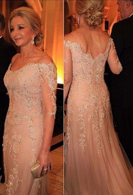 Long Lace Appliques Beadings Evening Gowns with Sleeves Sexy Mother Dresses