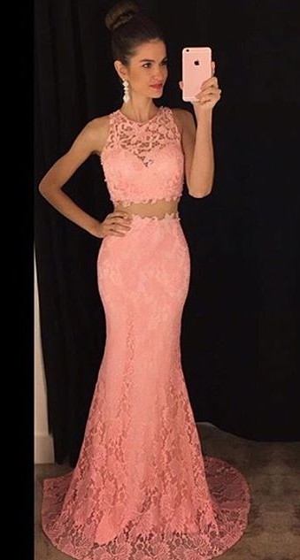 Two-Pieces Lace Mermaid Prom Dresses Sleeveless Sweep Train Evening Gowns