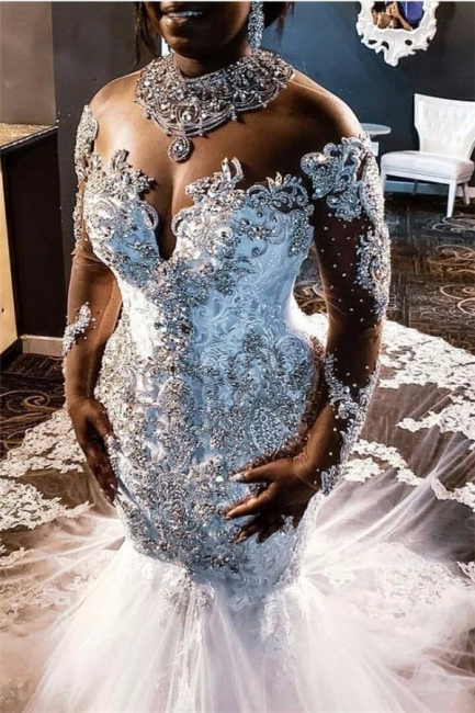 Luxurious Plus Size High Neck Long Sleeve Lace Beading Mermaid Wedding Dress With illusion Tulle