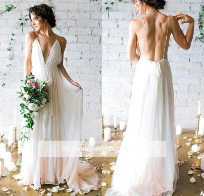 V-Neck Beach Chiffon Sleeveless Long Elegant Wedding Dress