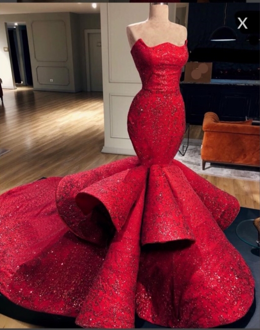 Gorgeous Red Strapless Appliques Lace Beading Floor-length Mermaid Prom Dress