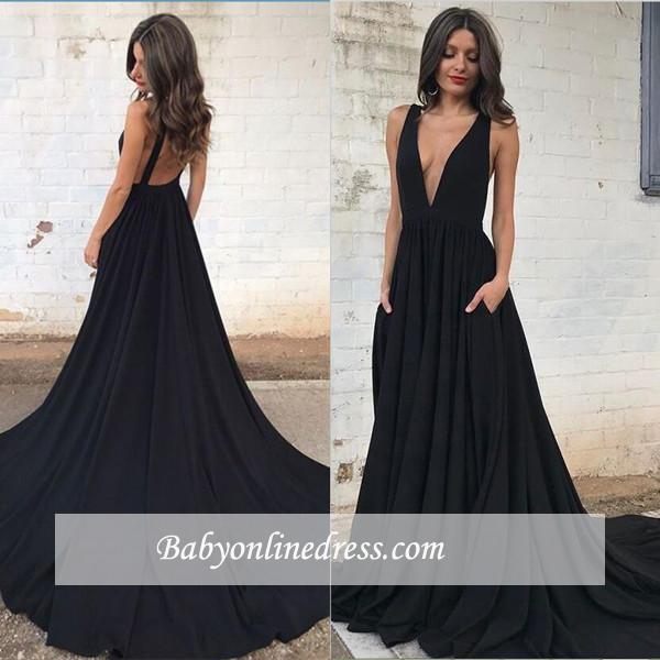 2018 Sleeveless Sexy A-line Straps V-neck Backless Black Prom Dress