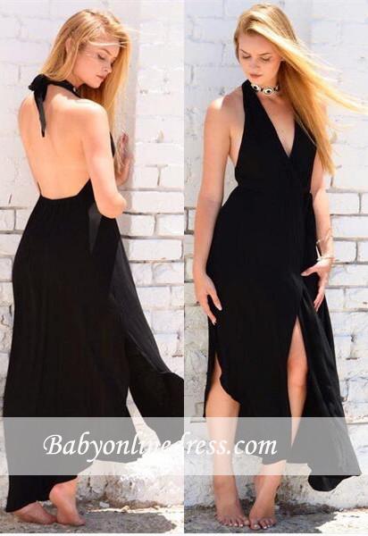 Sexy Halter Backless Front-Split Sleeveless Black Prom Dress
