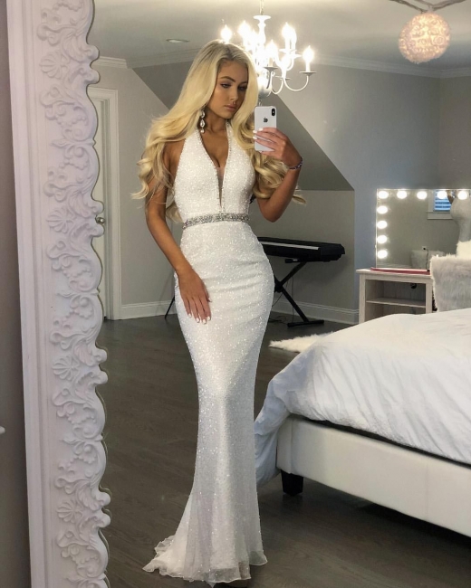 White Mermaid Prom Dress | Halter V-Neck Evening Dresses With Beading Sashes