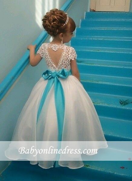 Puffy Crystals Short-Sleeves Lace with Blue Sash Flower Girl's Dresses