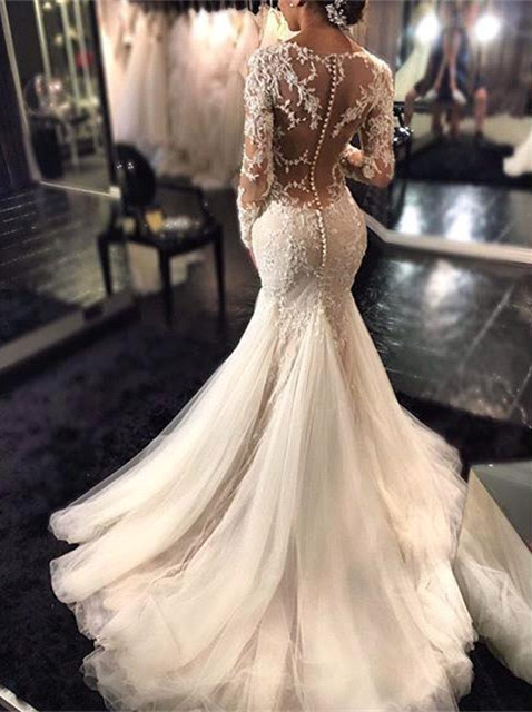 Mermaid Wedding Dresses with Long Sleeves | Lace Beaded Sheer Back Bridal Gowns