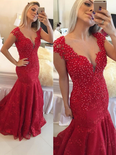 Mermaid Pearls Cap-Sleeve Lace Red V-neck Delicate Prom Dress