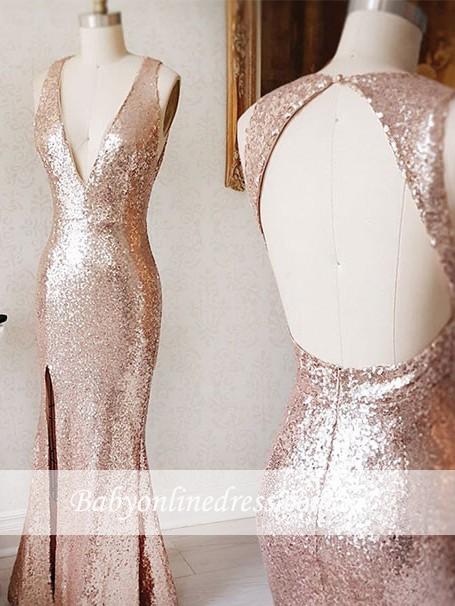Split-Front Deep-v-neck Backless Beading Sequin Sheath Prom Dress