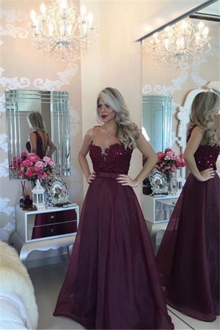 A-Line Prom Dresses Sheer Illusion Floor Length Beaded Burgundy Evening Gowns