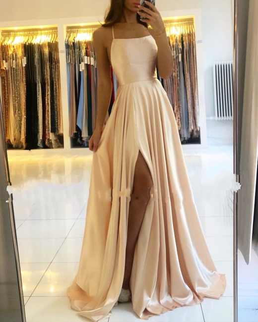Simple A-line Spaghetti Straps Backless Floor-length Prom Dress With Split