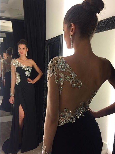 Black Mermaid Prom Dresses One Shoulder Crystals Beaded Side Split Sexy Evening Gowns