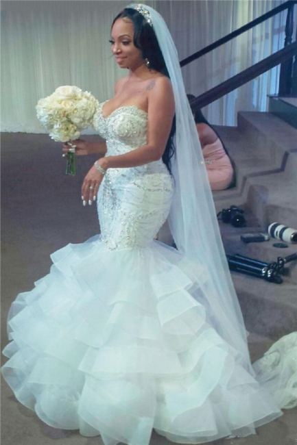 Strapless Sweetheart Mermaid Wedding Dresses with Tiered Train
