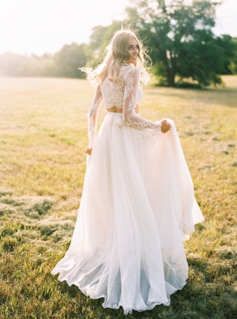 Two-Piece Long-Sleeves Chiffon Lace A-line Elegant Wedding Dresses