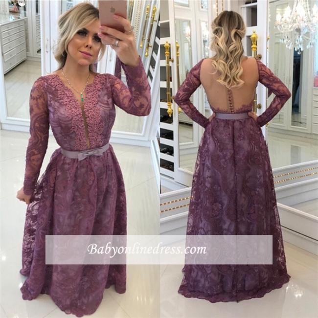 Glamorous A-Line Buttons Long-Sleeves Lace Evening Dresses