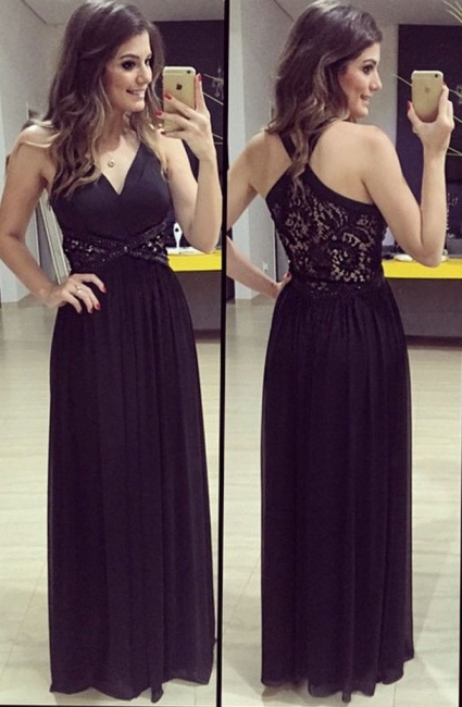 Black Chiffon Prom Dresses Sexy Back Floor Length Formal Evening Gowns