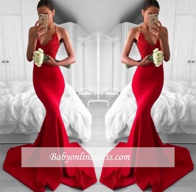 Sexy Red Mermaid Evening Gowns | Spaghettis Straps V-Neck Prom Dresses