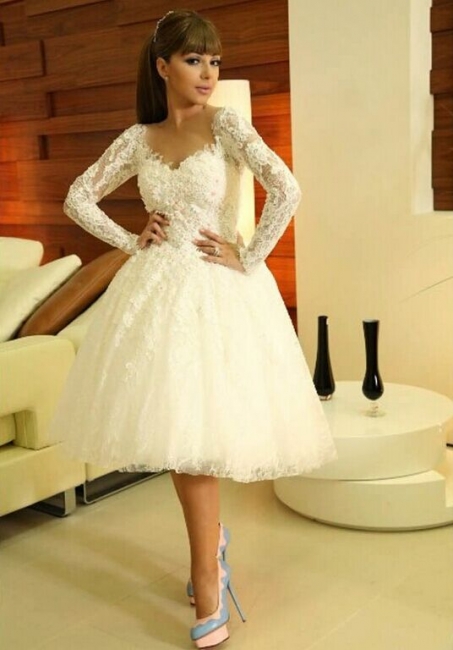 Long Sleeves Lace Short Wedding Dresses Myriam Fares Bridal Gowns