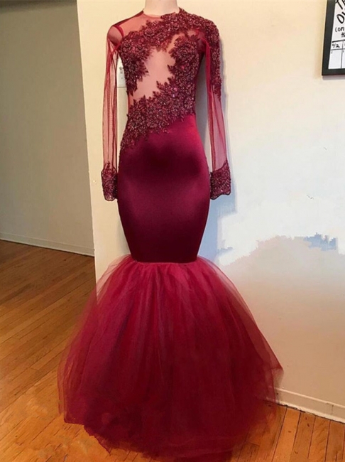 Elegant Long Sleeves Mermaid Prom Dresses | Jewel Lace Appliques Beading Evening Dresses