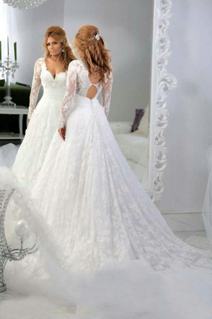 Lace Long Sleeves A-line Wedding Dresses Hollow Back Sexy Court Train Bridal Gowns