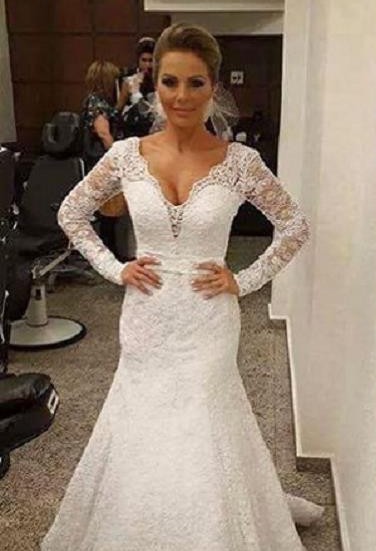 Sashes Backless V-neck Mermaid Lace Sexy Wedding Dresses with Long Sleeves