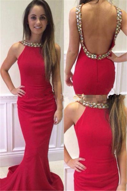 Halter Neck Crystals Red Backless Prom Dresses Mermaid Court Train Evening Gowns