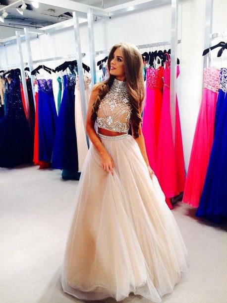 Two Piece Crystals Long Prom Dresses High Neck Tulle Junior Vintage Party Dresses