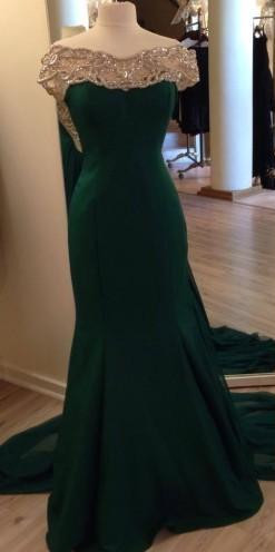Emerald Green Crystals Mermaid Prom Dresses with Chiffon Overskirt Elegant Evening Gowns