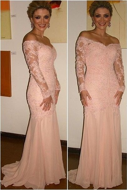 Off the Shoulder Long Sleeves Mermaid Prom Dresses Lace Sheer Sweetheart Pink Evening Gowns