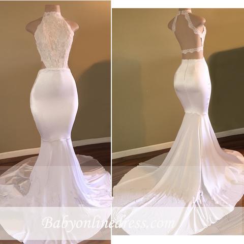 Newest White Mermaid High-Neck Sleeveless Prom Dress