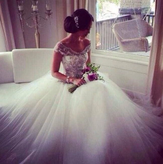A-Line Off The Shoulder Capped Sleeves Beads Ruffles Tulle Court Train Wedding Dresses